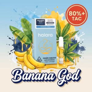 Halara Banana God Solventless Rosin Cartridge 1G indica vape with sweet banana and earthy flavor profile